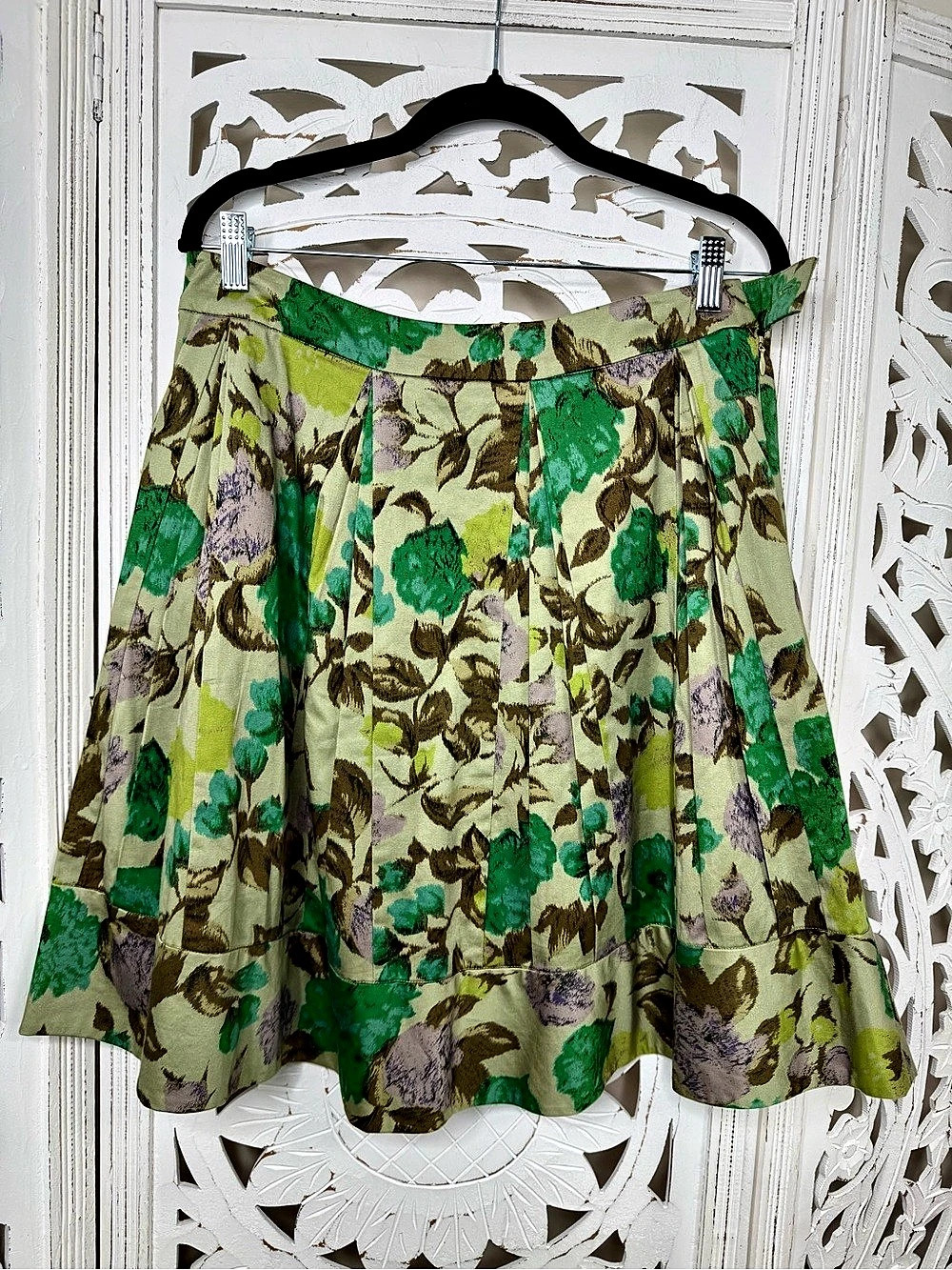Anthropologie Odille Green Floral Full Skirt